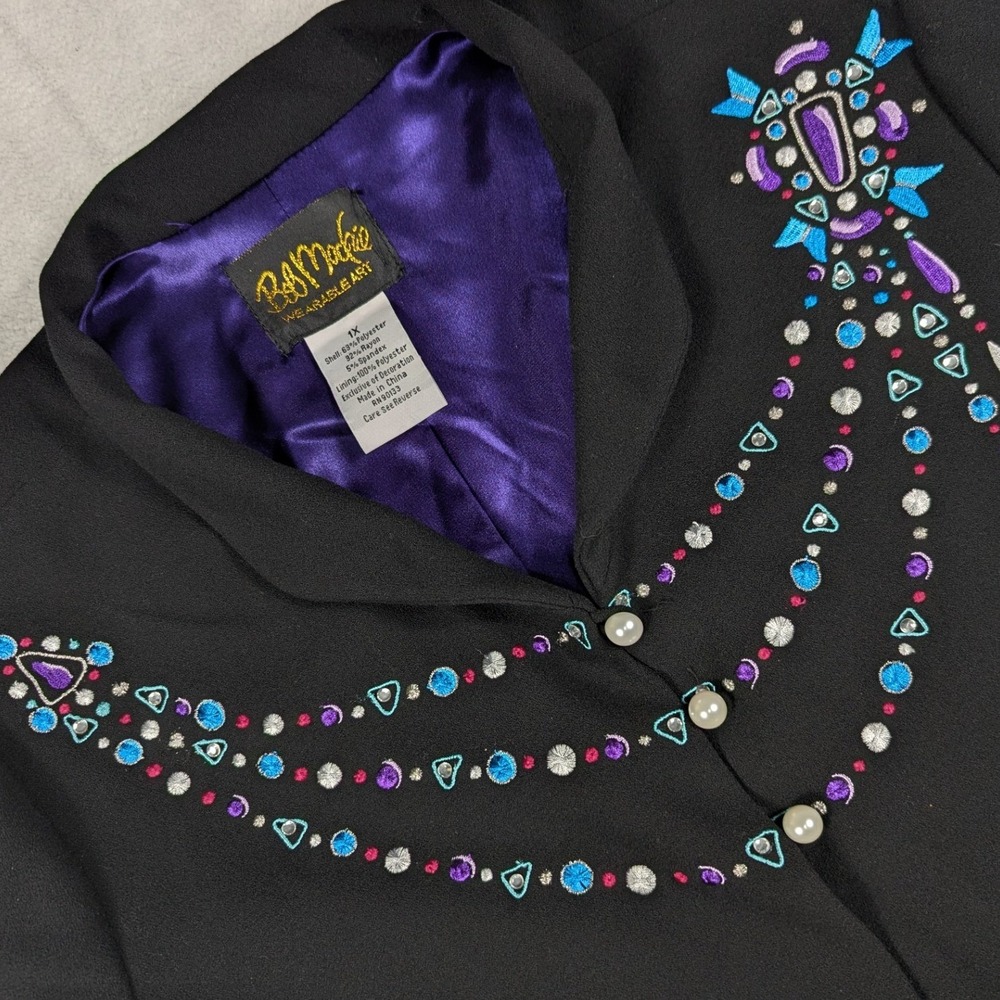 Bob Mackie Wearable Art Black Embroidered Beaded Blazer Purple Lining 1X